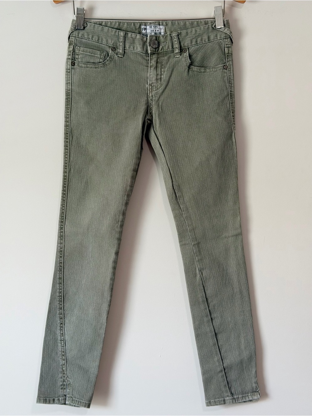 Free People Olive Green Herringbone Utility Skinny Jeans